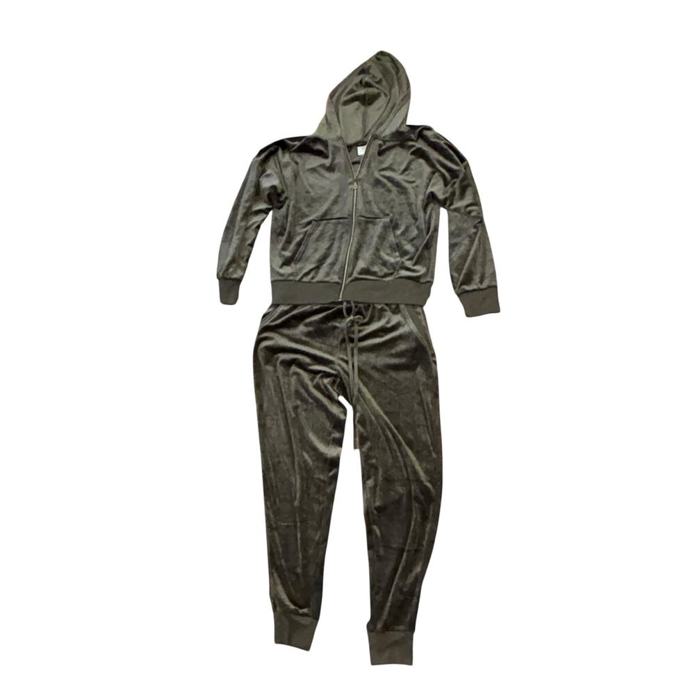 Felina Army Green Velvet Two Piece Set Women’s L Cozy Comfy Soft Stretch Jogger